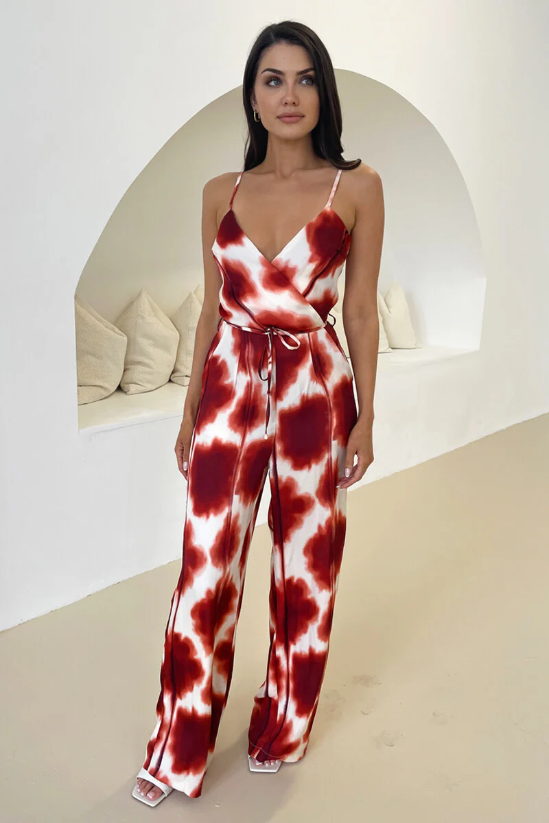 Rust Printed Strappy Tie Waist Jumpsuit - Image 2