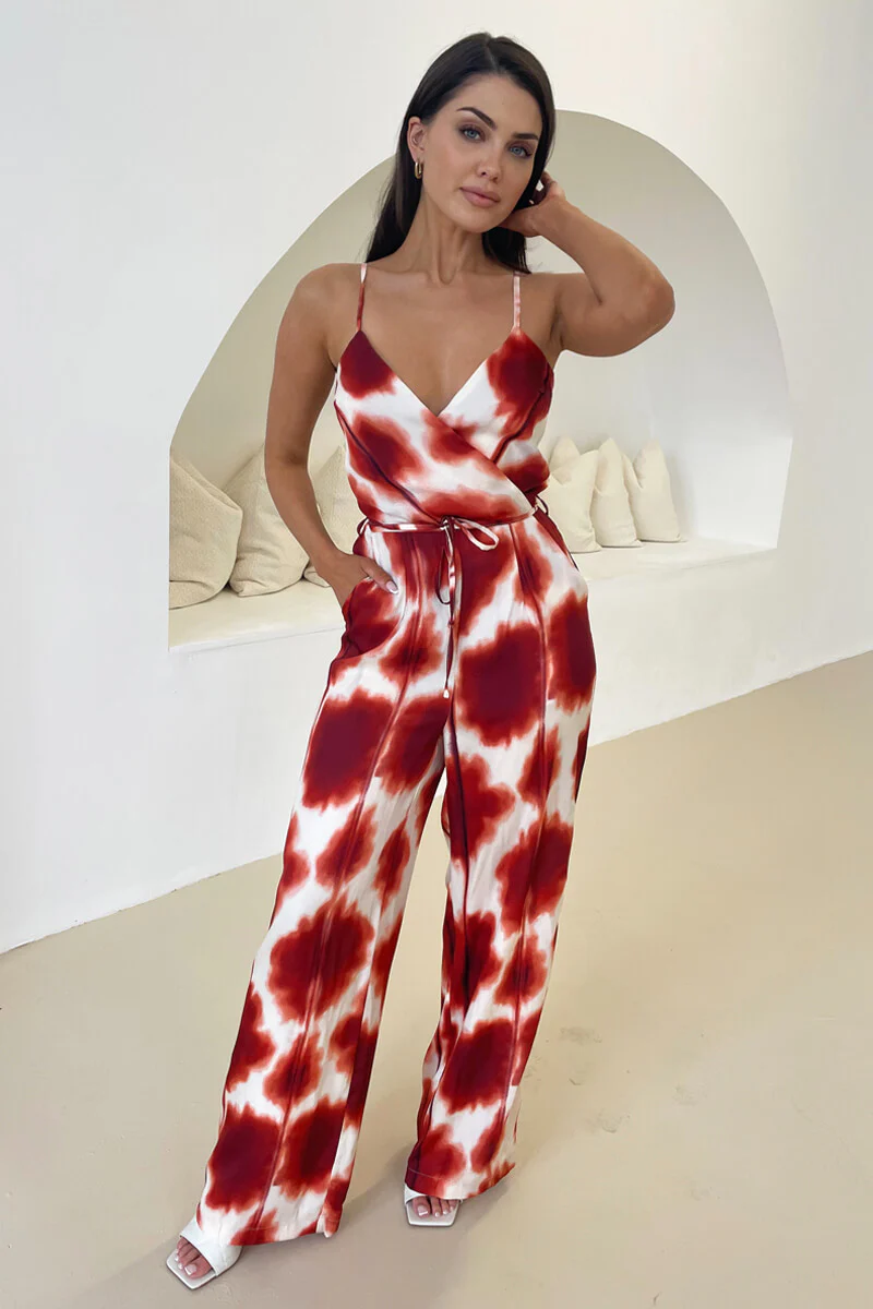 Rust Printed Strappy Tie Waist Jumpsuit - Image 3
