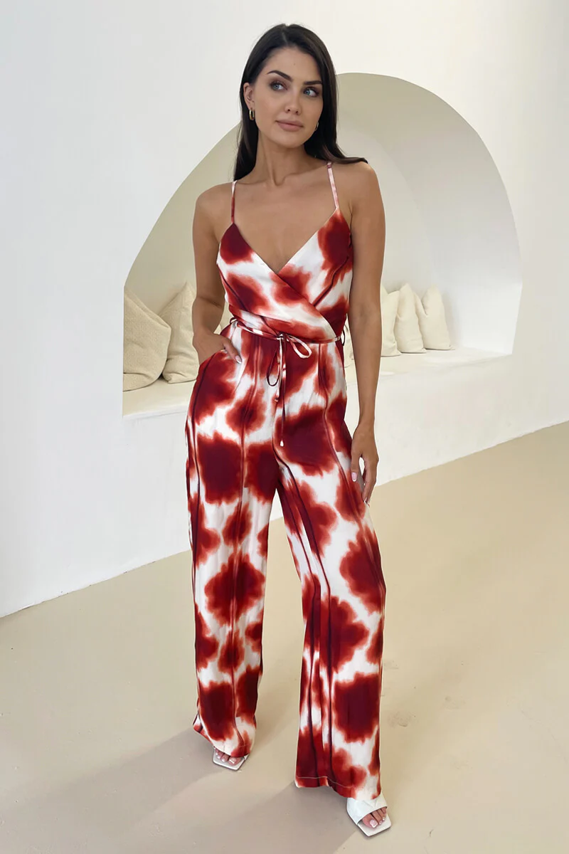 Rust Printed Strappy Tie Waist Jumpsuit - Image 4