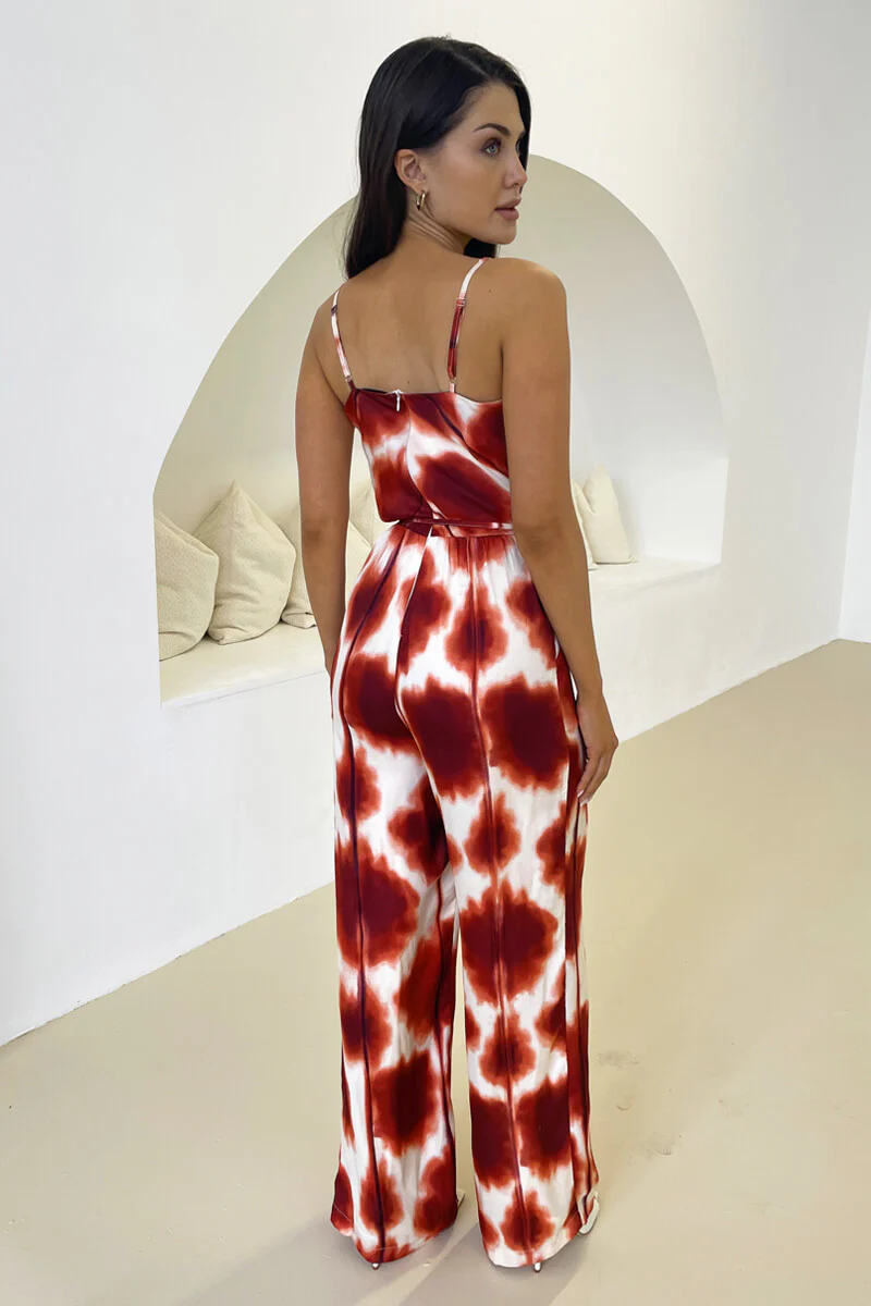 Rust Printed Strappy Tie Waist Jumpsuit - Image 5