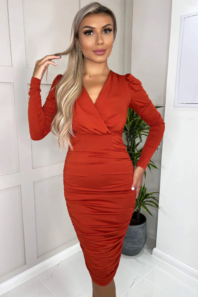Rust Ruched Long Sleeve Cross Front Midi Dress - Image 2