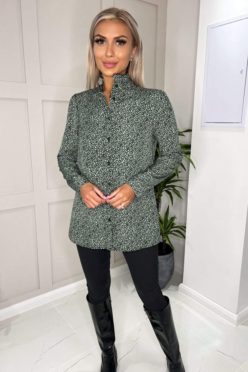 Sage And Black Printed Ruffle Neck Shirt - Image 2