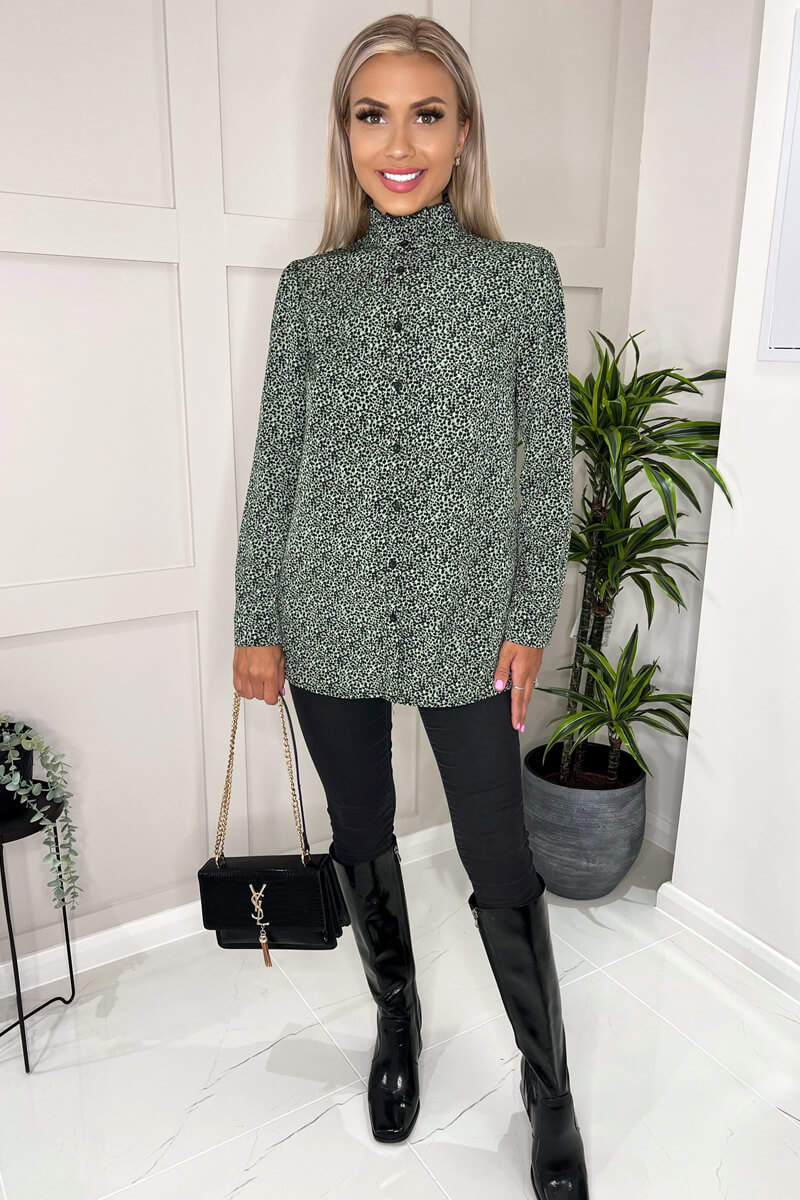 Sage And Black Printed Ruffle Neck Shirt - Image 3