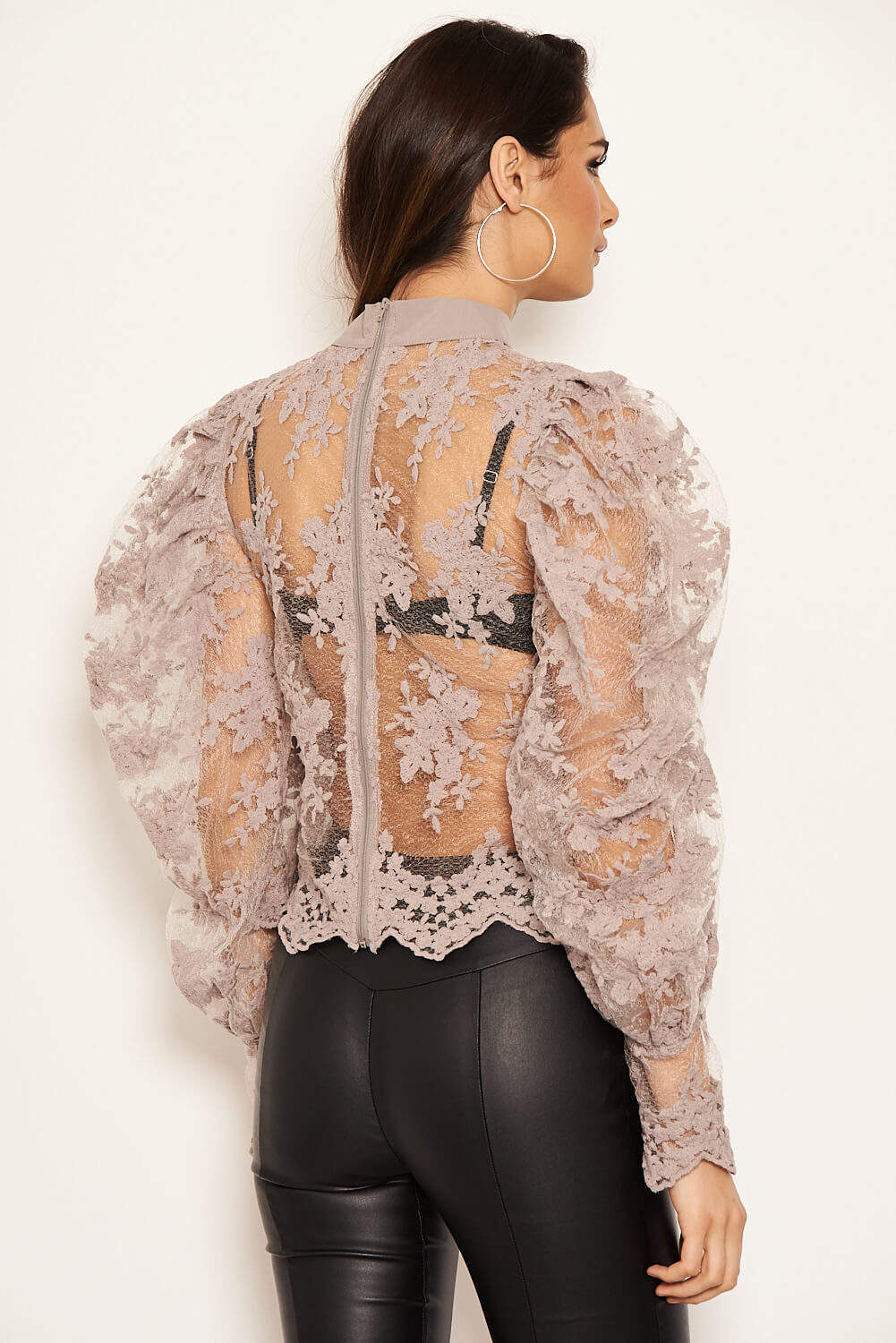 Silver Embroidered Puff Sleeve Tie Neck Top - Image 4