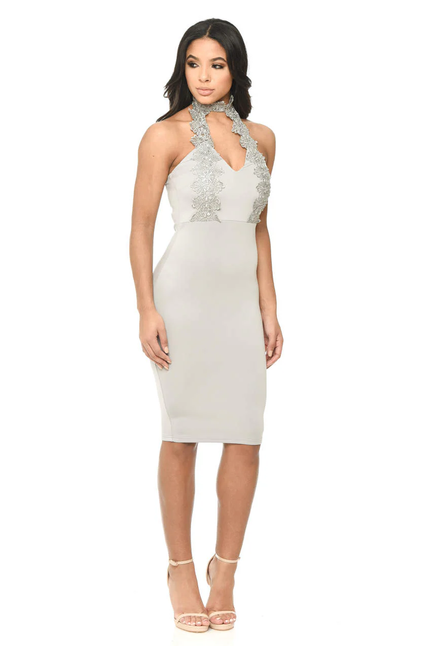 Silver Halterneck Choker Dress With Lace Detail - Image 2