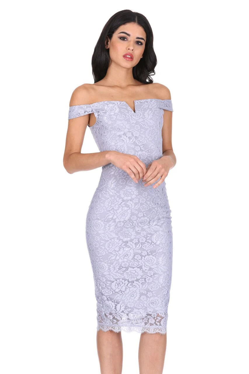 Silver Lace Bardot Midi Dress