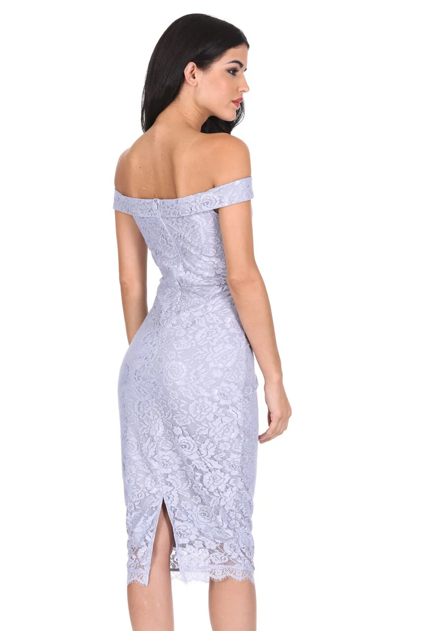 Silver Lace Bardot Midi Dress - Image 3