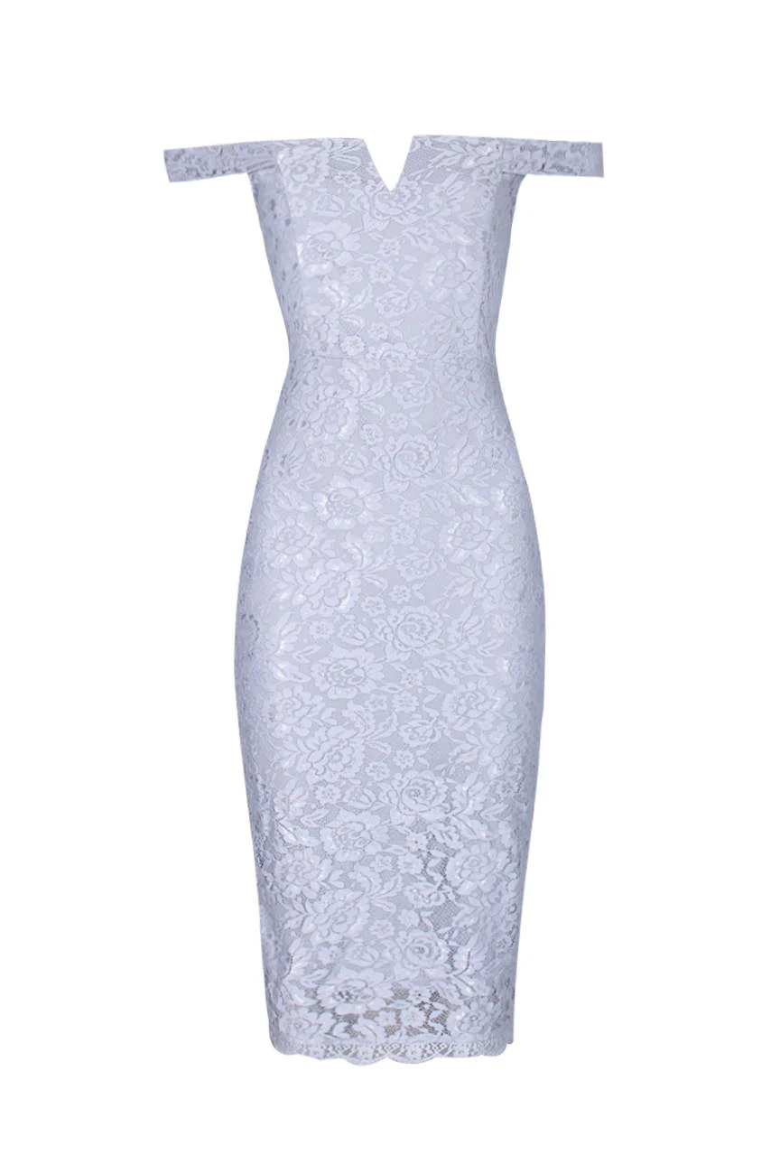 Silver Lace Bardot Midi Dress - Image 4