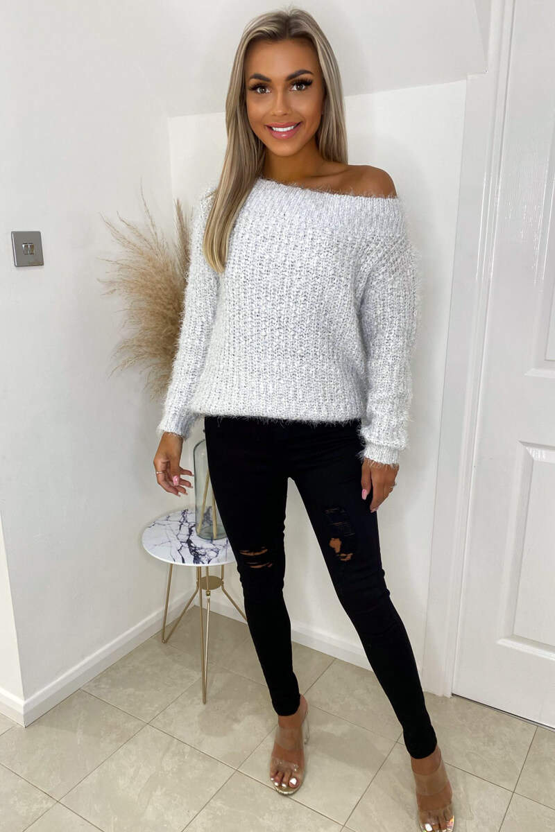 Silver Off The Shoulder Fluffy Jumper - Image 3