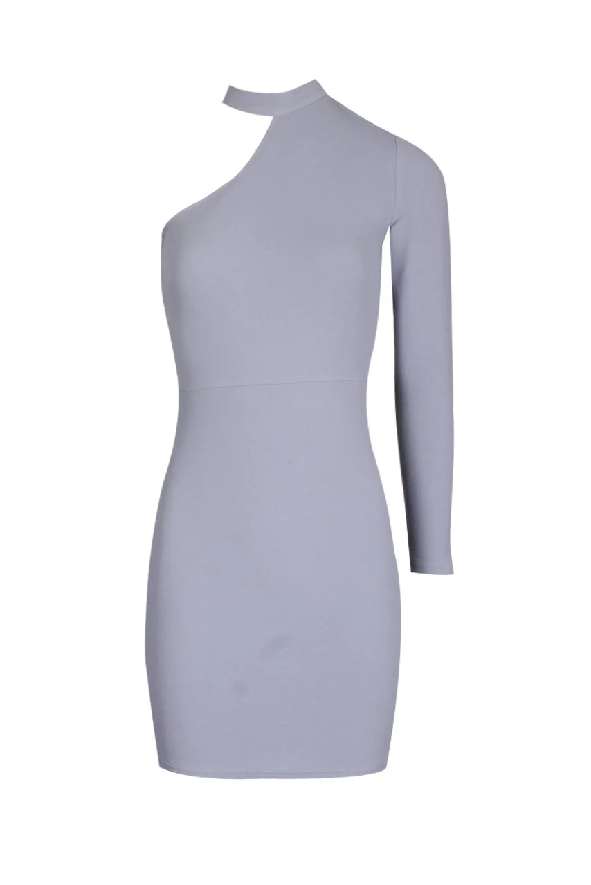Silver One Sleeve Choker Bodycon Dress - Image 4