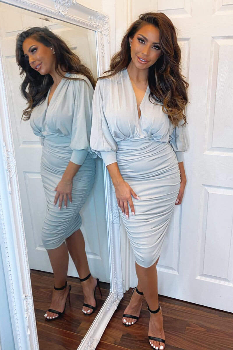 Silver Ruched Bat Wing Sleeve Midi Dress - Image 4