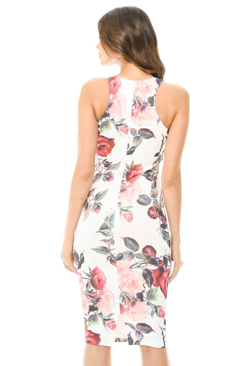 Sleeveless Bodycon Midi Dress with Rose Print - Image 3