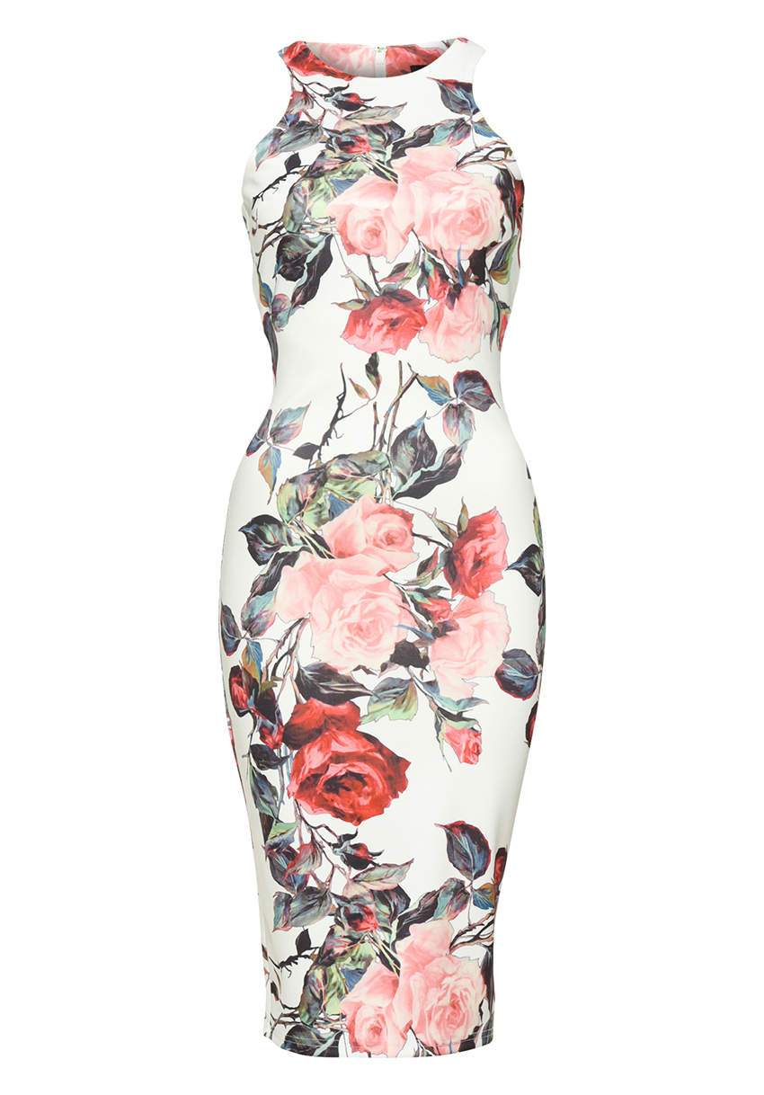 Sleeveless Bodycon Midi Dress with Rose Print - Image 4