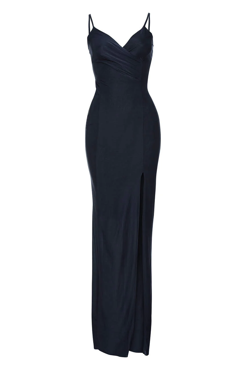 Slinky Navy Maxi Dress with Wrap Front V Neck - Image 4