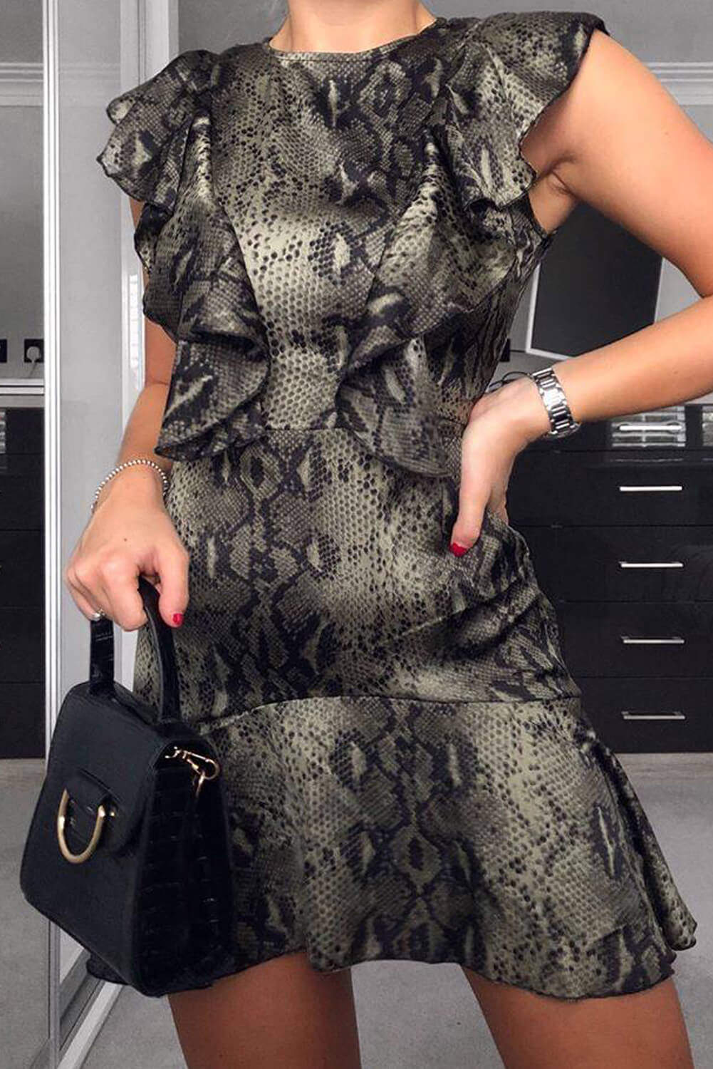 Snake Print Frill Detail Dress - Image 2