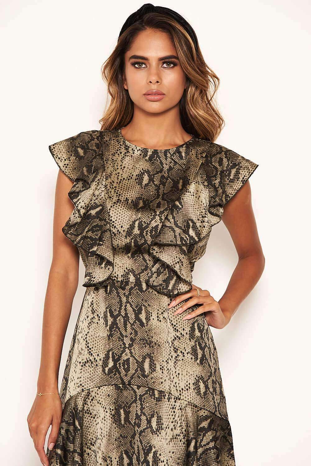 Snake Print Frill Detail Dress - Image 7