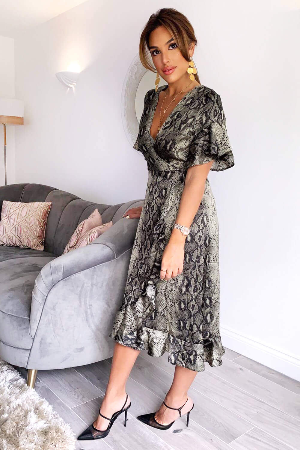 Snake Print Frill Wrap Midi Dress - Image 2