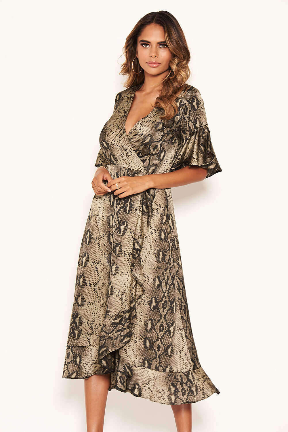 Snake Print Frill Wrap Midi Dress - Image 4