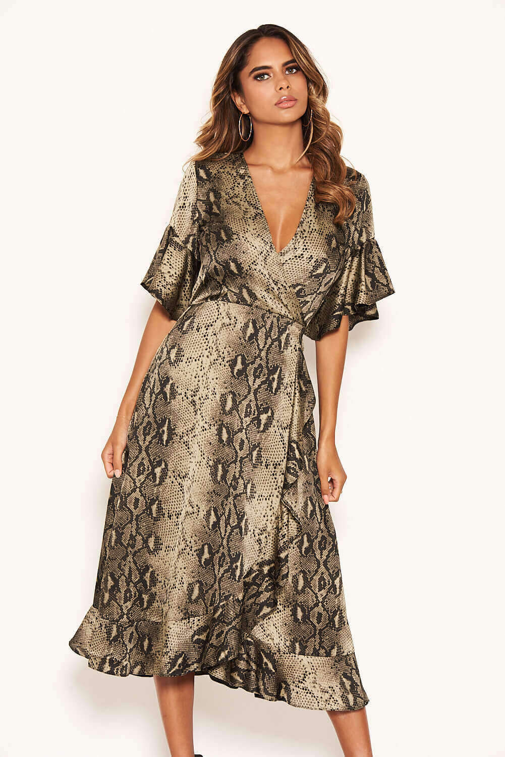 Snake Print Frill Wrap Midi Dress - Image 6