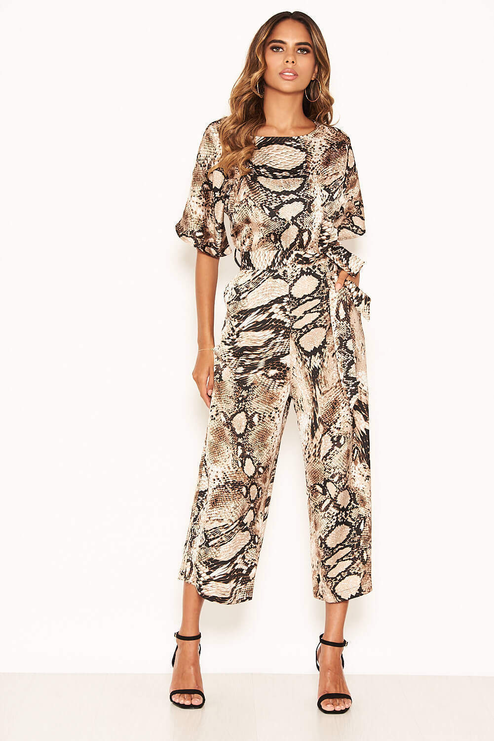 Snake Printed Culotte Jumpsuit With Tie Belt - Image 2