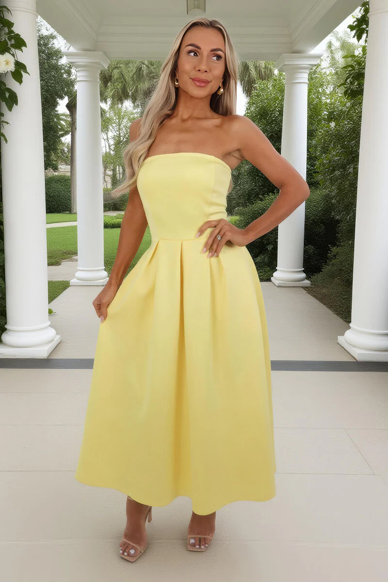 Soft Yellow Bandeau A-Line Skirt Midi Dress - Image 2