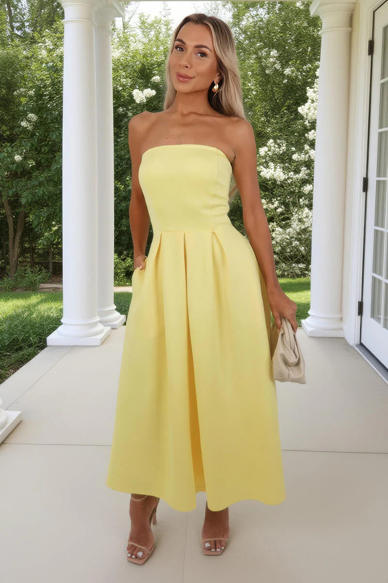 Soft Yellow Bandeau A-Line Skirt Midi Dress - Image 3