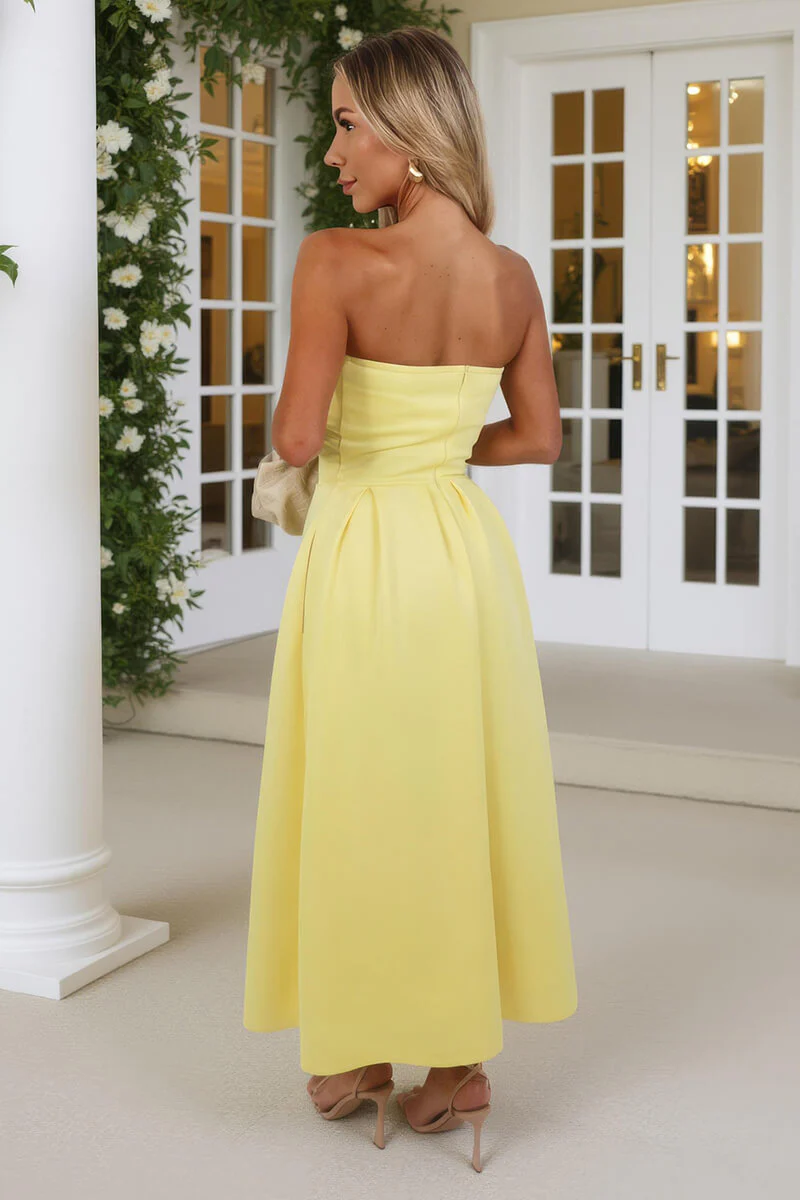 Soft Yellow Bandeau A-Line Skirt Midi Dress - Image 5