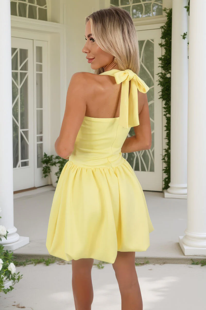 Soft Yellow Halter Neck Bubble Hem Mini Dress - Image 5