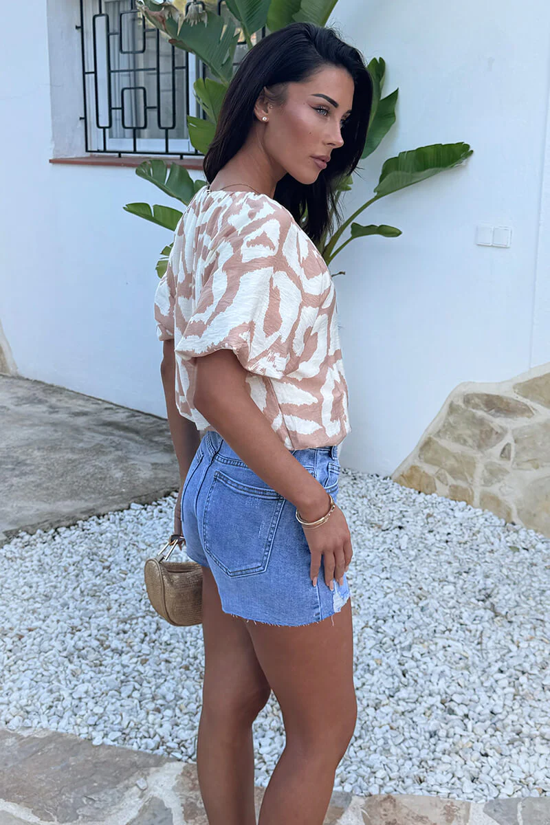 Stone And Cream Abstract Print Puff Sleeve Bubble Hem Top - Image 4