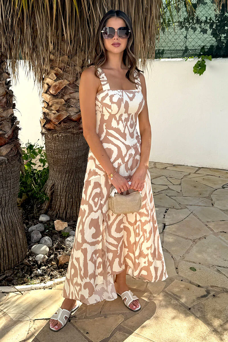 Stone And Cream Abstract Print Shirred Straps Button Detail Midi Dress - Image 2