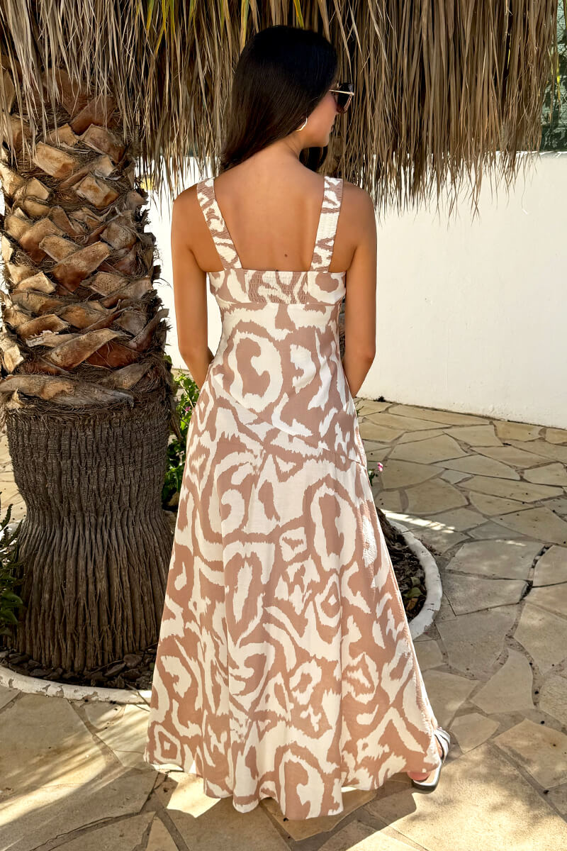 Stone And Cream Abstract Print Shirred Straps Button Detail Midi Dress - Image 5