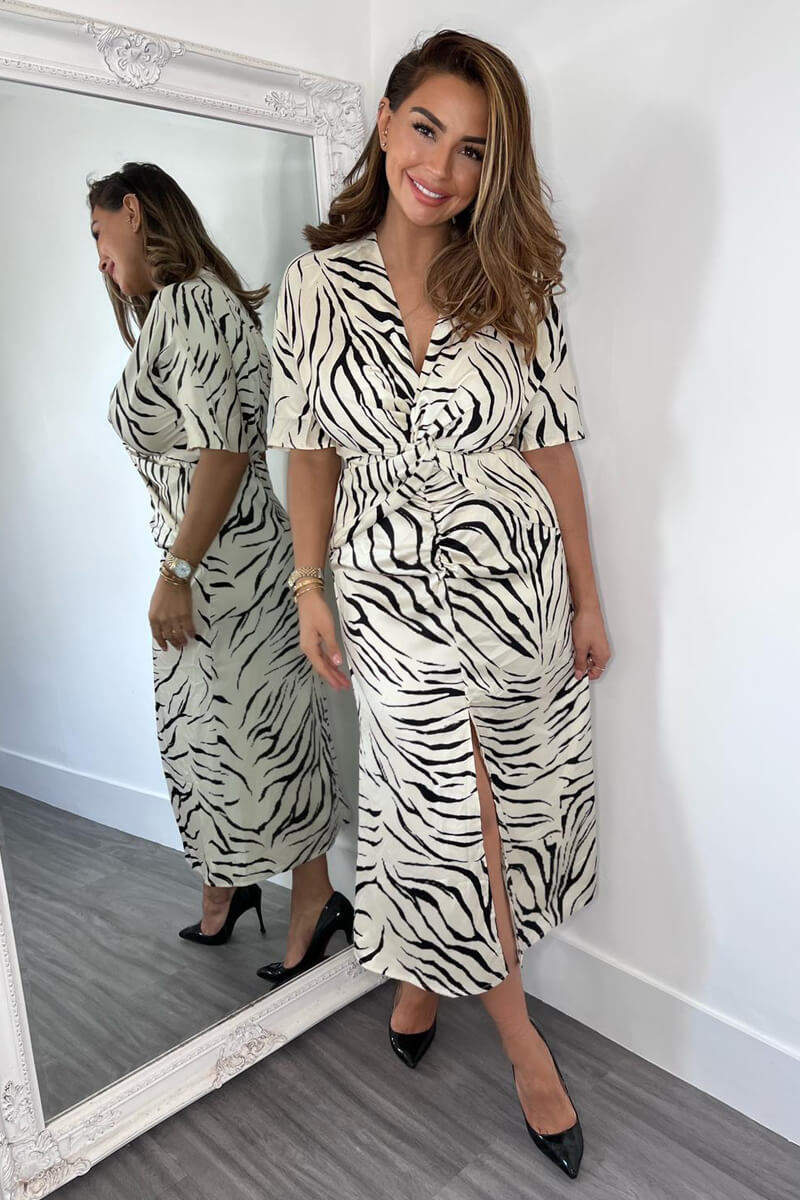 Stone Animal Print Satin Knot Front Midi Dress - Image 5