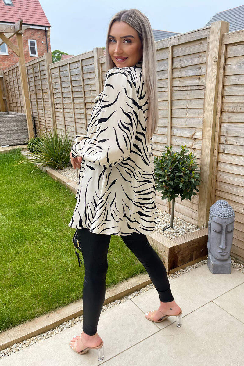 Stone Animal Print Satin Tie Neck Shirt - Image 4