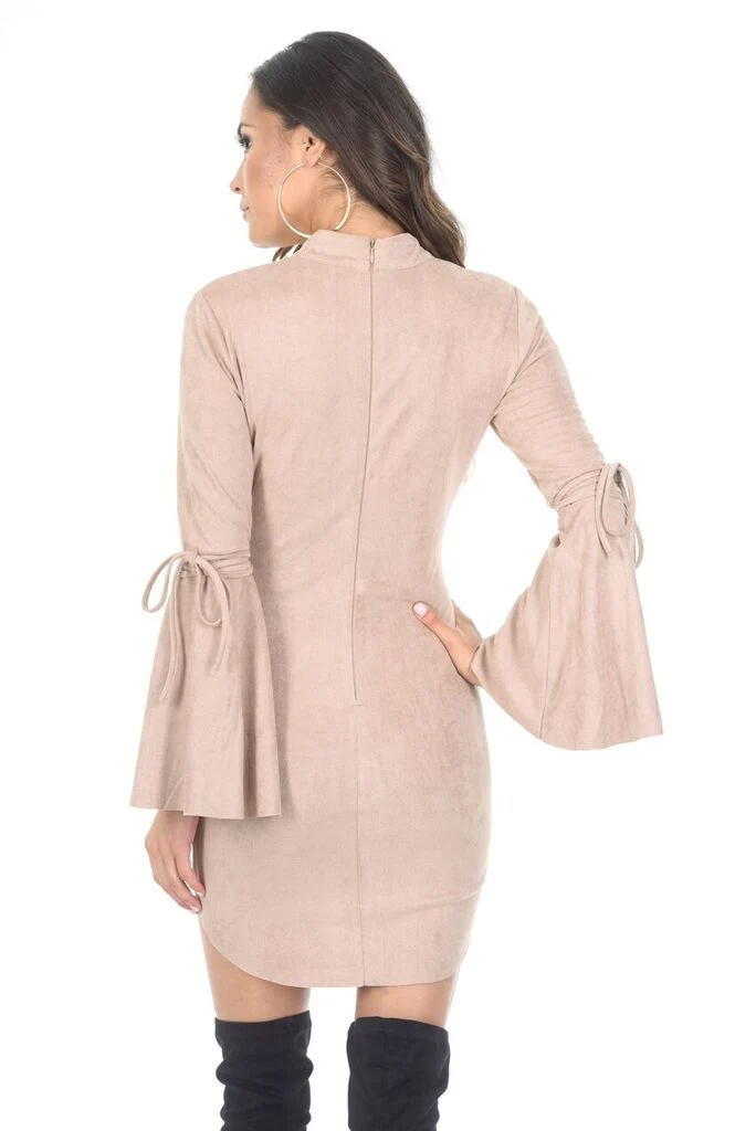 Stone Faux Suede Flare Sleeve Dress - Image 3