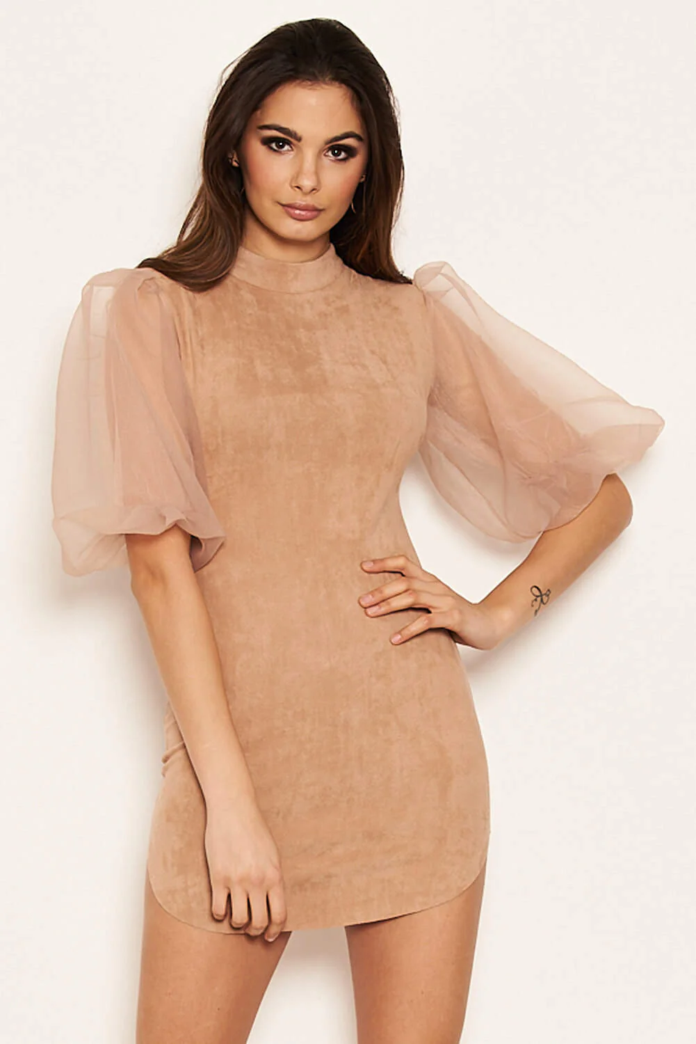 Stone Faux Suede Puff Sleeve Bodycon Dress - Image 5