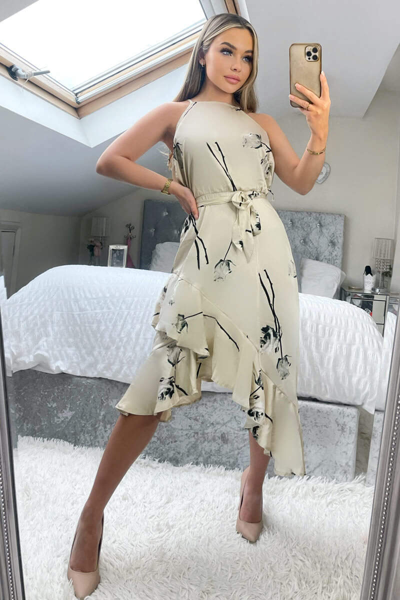 Stone Floral Printed Frill Hem Midi Dress - Image 3