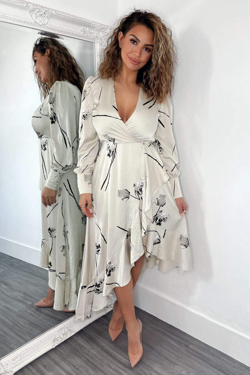 Stone Floral Printed Wrap Over Long Sleeve Dress - Image 2