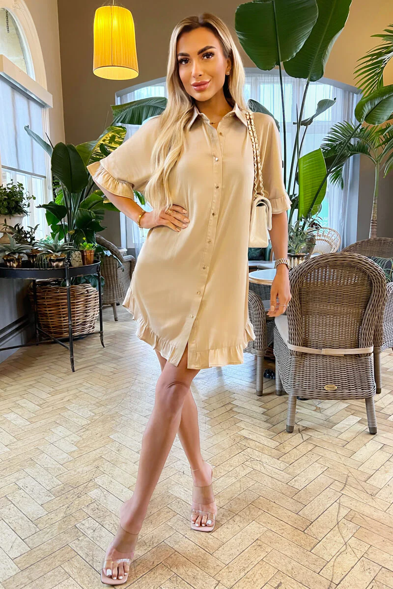 Stone Frill Detail Gold Button Front Shirt Dress - Image 2