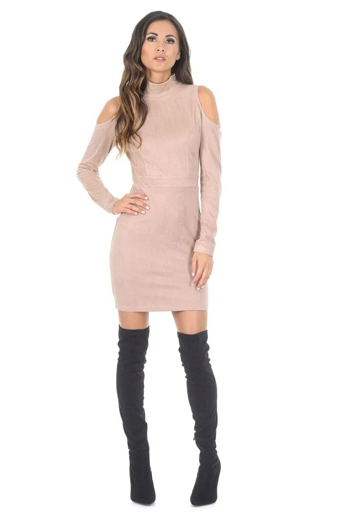 Stone High Neck Cold Shoulder Faux Suede Mini Dress - Image 2