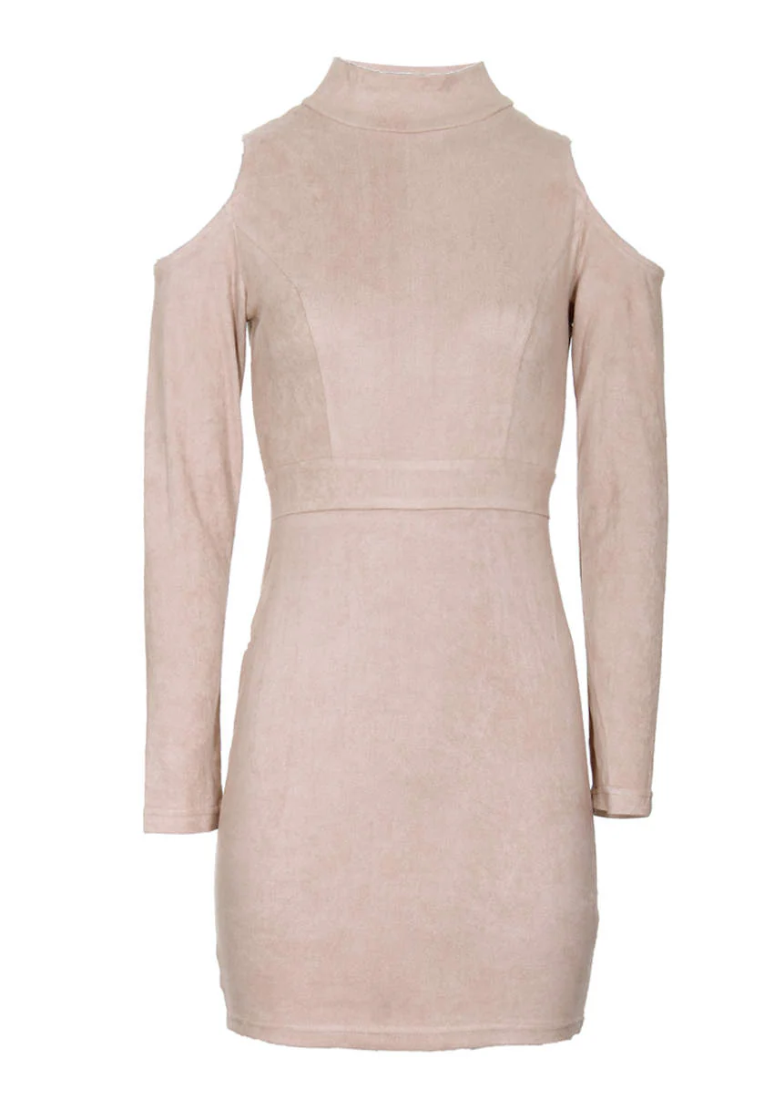 Stone High Neck Cold Shoulder Faux Suede Mini Dress - Image 4