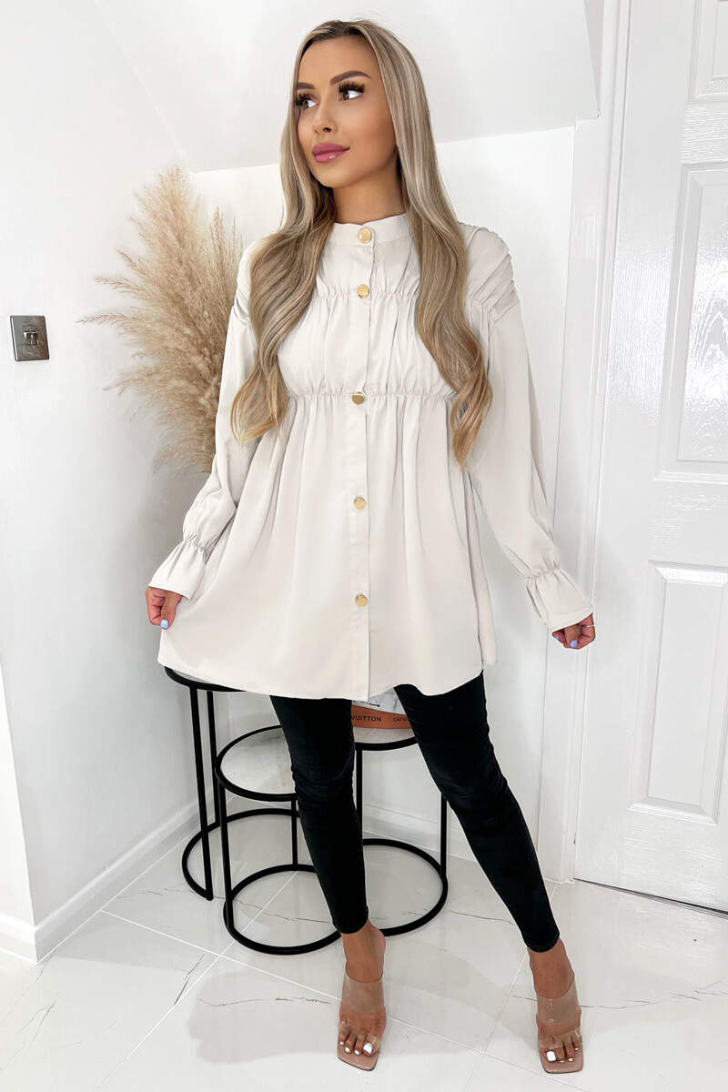 Stone Long Sleeve Gathered Detail Button Up Top - Image 2