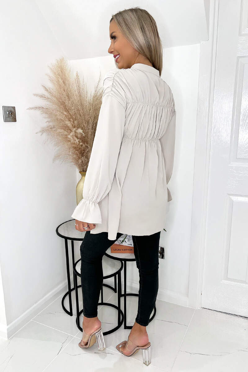 Stone Long Sleeve Gathered Detail Button Up Top - Image 4