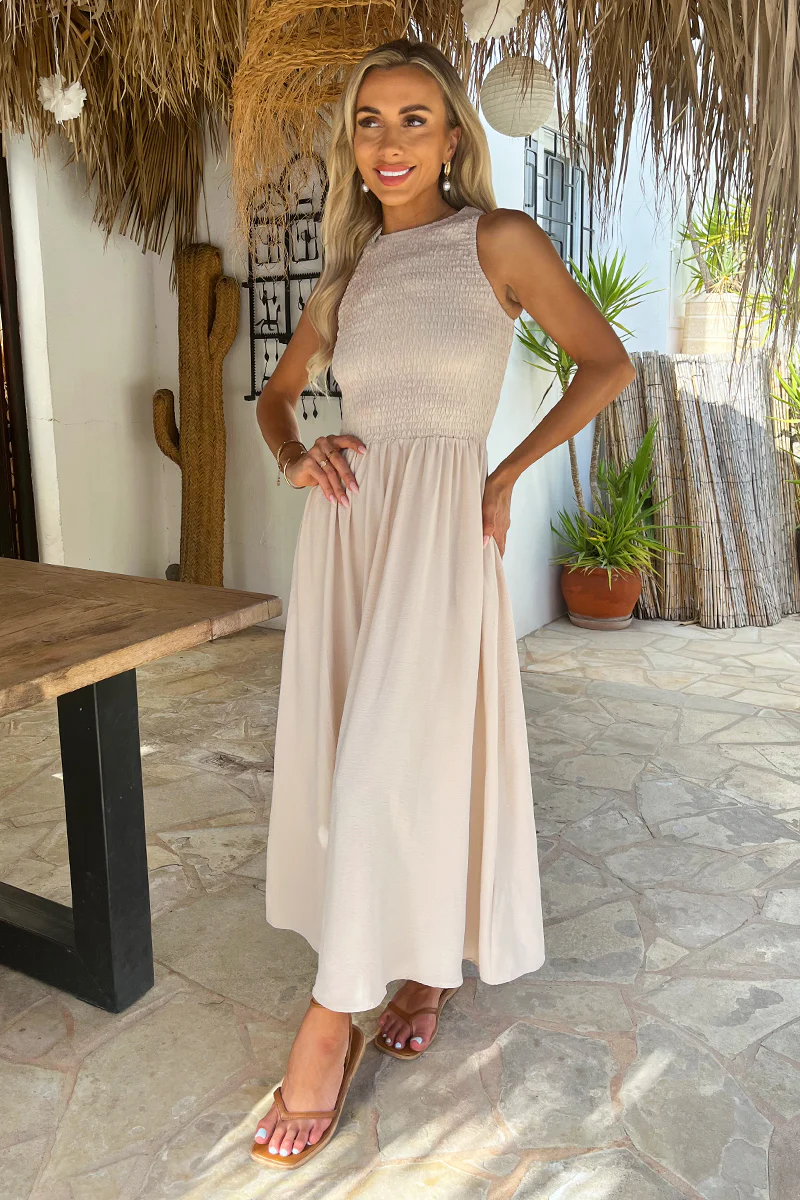 Stone Round Neck Shirred Top Midi Dress - Image 2