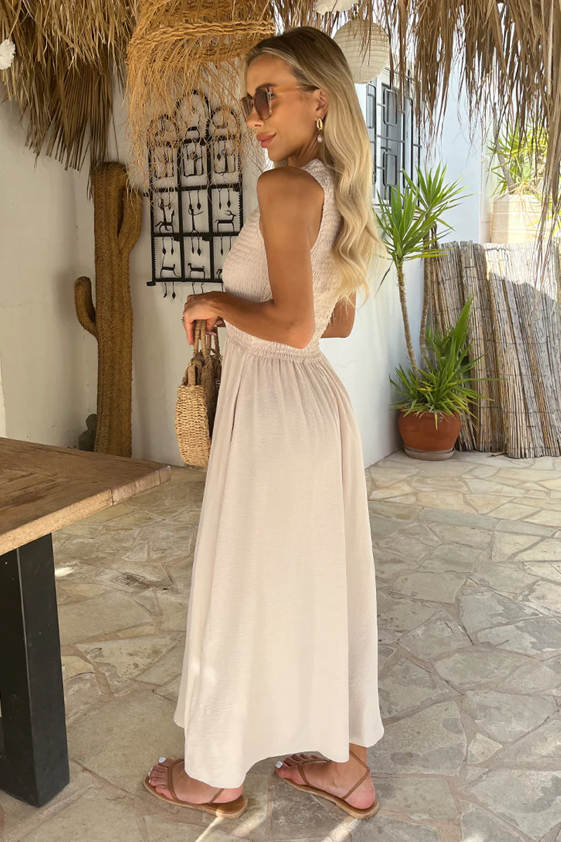 Stone Round Neck Shirred Top Midi Dress - Image 4