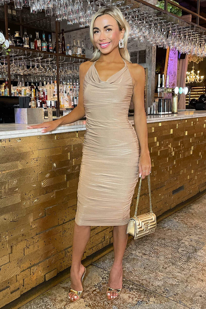 Stone Tie Halter Neck Ruched Midi Dress - Image 4