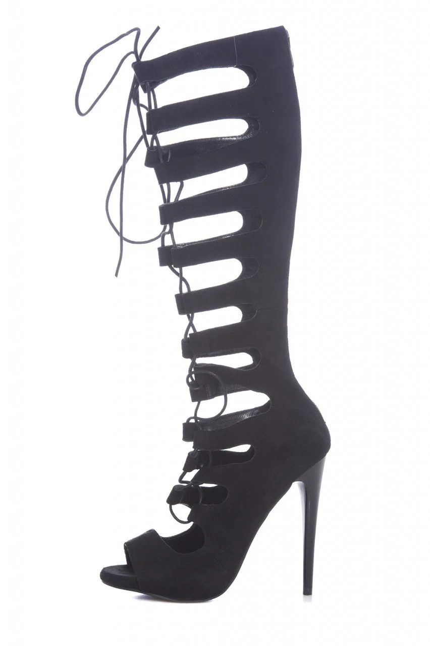 Suede Knee High Lace Up Gladiator Heels - Image 2