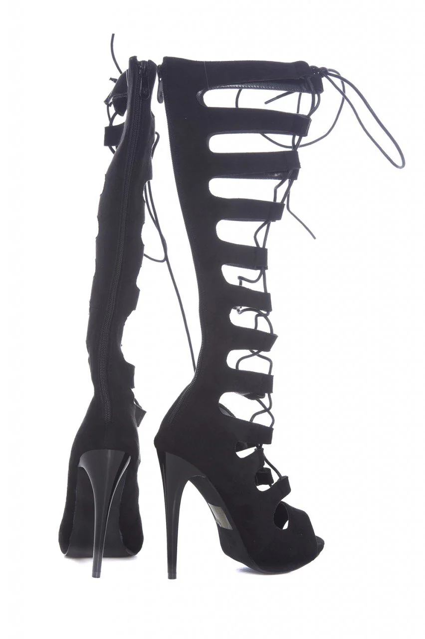 Suede Knee High Lace Up Gladiator Heels - Image 3