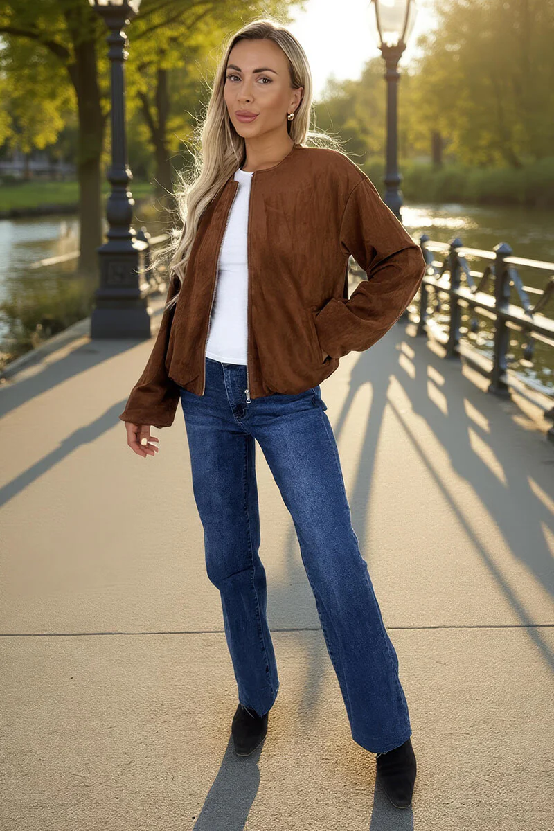 Tan Faux Suede Bubble Hem Bomber Jacket - Image 2