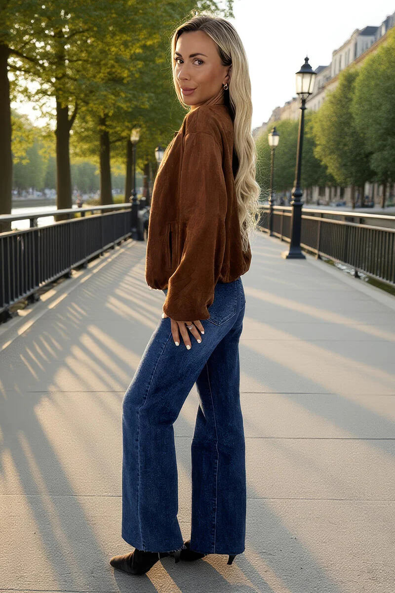 Tan Faux Suede Bubble Hem Bomber Jacket - Image 4