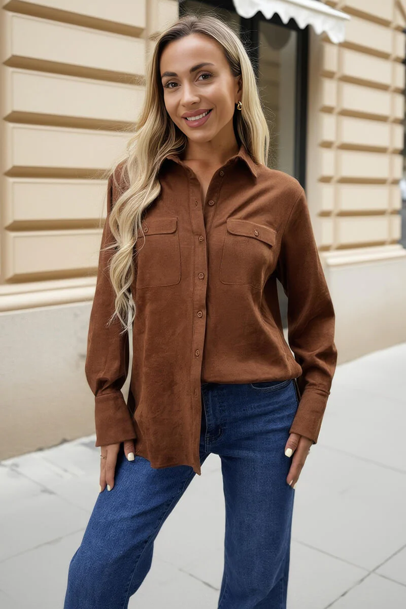 Tan Faux Suede Long Sleeve Utility Shirt - Image 3